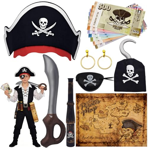 Ourdort Piratenkostüm Kinder, Piraten Kostüm Zubehör, mit Piratenhut Kinder, Piraten Augenklappe, Pirate Sword, Piraten Goldmünzen, Piraten Verkleidung Accessories, für Karneval Halloween Cosplay
