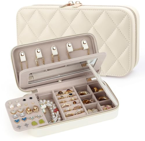 REVEMCN Reise Schmuckkästchen mit Spiegel – Kleine Schmuckbox für Damen & Mädchen, Schmuck organizer mit Ringrollen, Ohrringhalter & Kettenhaken, Schmuckaufbewahrung für unterwegs (Cremeweiß)