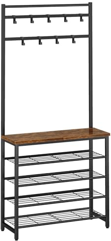 IBUYKE 188cm Coat Stand with 5 Tier Shoe Storage, Rustic Brown TXJ007H | Coat Rack with Shoe Rack, Shoe Storage Organizer with 9 Movable Hooks, for Entryway Hallway Foyer Mudroom Bedroom