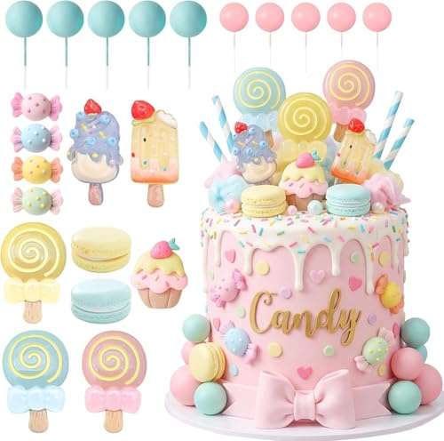 Decoration Gateau Candy, 22 Pièces Decoration Gateau Bonbon, Cake Topper Bonbon, Boules Bleues Et Roses, Idéal Pour Les Fêtes D'anniversaire, Les Fêtes Prénatales, Les Fiançailles Et Les Mariages