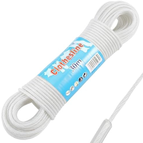 Steel Core Clothesline Rope 30M Heavy Duty Laundry Line Outdoor Indoor Rustproof PVC Coated Washing Line for Clothes Drying Strong Durable Weather Resistant 3mm Garden Travel Camping Use White