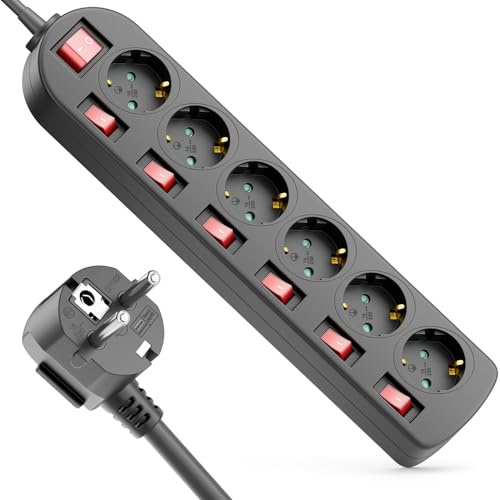 deleyCON Regleta 6 Tomas - Interruptor ON/Off - Control Individual - 1,4m Cable - 6X Toma Base Múltiple Corriente Distribuidor Extensión Regleta Hogar Oficina 3680W 16A - Negro