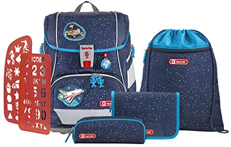 Step by Step Schulranzen-Set 2IN1 Plus „Sky Rocket Rico“ 6-teilig, blau-schwarz, Weltraum-Design, ergonomischer Tornister mit Reflektoren, höhenverstellbar mit Hüftgurt für Jungen 1. Klasse, 19L