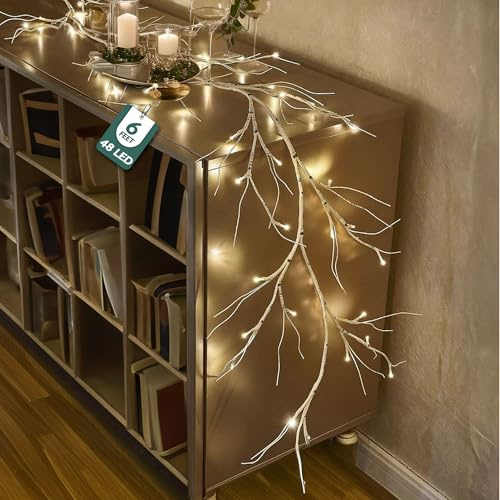 GloBrite 6FT Birch Christmas Garland with 48 LED Lights | Battery Operated Christmas Decorations | Garland Fairy Lights with Timer | Christmas Table Decoration, Garland Christmas