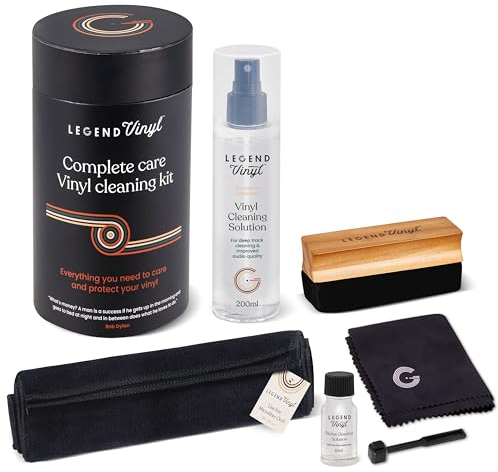 Legend Vinyl Complete Care Vinyl Cleaning Kit - 200ml Cleaning Solution, 2 Large Microfiber Cloths, Wooden Handle Dust Brush, Carbon Fibre Stylus Brush & Fluid for Record Cleaning