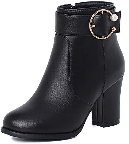 CuteFlats Fritidsstövletter för kvinnor med blockklack och rund spets, Pu svart, 45 EU