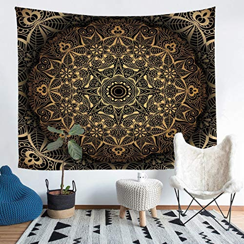 Tbrand Boho Mandala Wandteppich 148x200cm Tapisserie böhmischen Stil für Teenager Luxus Golden Schwarz Mandala Dekor Wandbehang Exotisches Blumenmuster Wandtuch