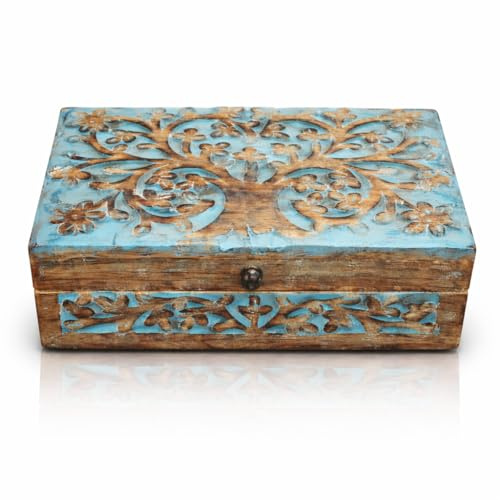 Tolles Geburtstagsgeschenk, handgefertigt, dekoratives Schmuckkästchen Holz, Baum des Lebens, geschnitzt, Schmuck, Organizer, Andenken, Schatztruhe, Schmuckhalter, Uhrenbox, Aufbewahrungsbox (Blue)