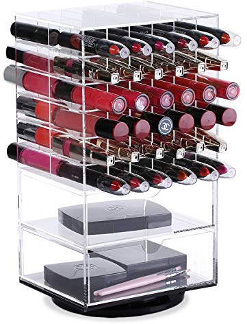 MOOCA Acrylic Rotating Makeup Organizer Desktop Cosmetics Storage Tower Makeup with 72 lipstick holders with 2 drawers, 6.5 W x 5 D x 12 H in