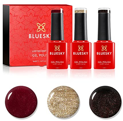 Bluesky Gel Nail Polish Set, Christmas Cracker- 3 x 5ml gel nail polishes - Red, Black, Gold, Glitter