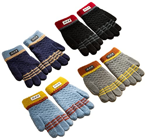 4 Paare Handschuhe Kinder Winter, Strickhandschuhe Kinder, Fingerhandschuhe, Handschuhe Winter Mädchen/Jungen, Kinderhandschuhe für 7-12 Jahre Stricken Woll Streifen Fäustlinge Ski Lauf Fahrrad ​Warm