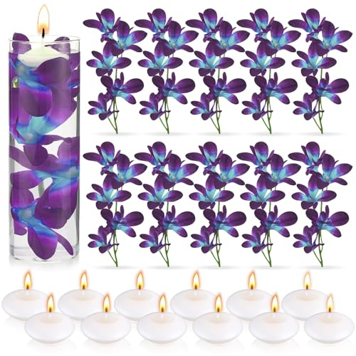 Fiori galleggianti per centrotavola, fiori di orchidea sintetica blu, candele galleggianti per riempire vasi, candele galleggianti viola orchidea viola, decorazione da tavolo per matrimoni, candele