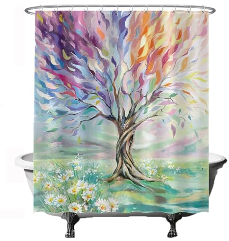 Ulticool - Duschdraperi - Livets träd - Livets träd - 180 x 200 cm - Badrumsgardin - Tvättbart - Antimögel - Med 12 vita ringar - Halvtransparent - Violett Orange Blå Grön