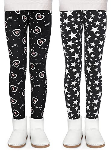 KEREDA thermoleggings Mädchen Thermo Leggings Kinder Gefüttert Winter Warme Dicke Thermohose 2er-Pack Fünfzackiger Stern/Herzen Schleife 140-146