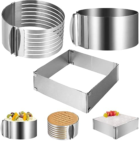 DASIAUTOEM Set di 3 anelli per torte regolabili, rettangolari, regolabili, aiuto per tagliare il fondo della torta, set di stampi per dolci per cottura e per la preparazione di torte, torte a strati