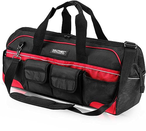 HAUTMEC 24 Heavy-Duty Large Tool Bag, 1680D Wear-Resistant Wide Mouth Tool Bag with Metal Frame & Hard Base, 36 Pockets, Level Holder, Anti-Tangle Padded Shoulder Strap – HT0284