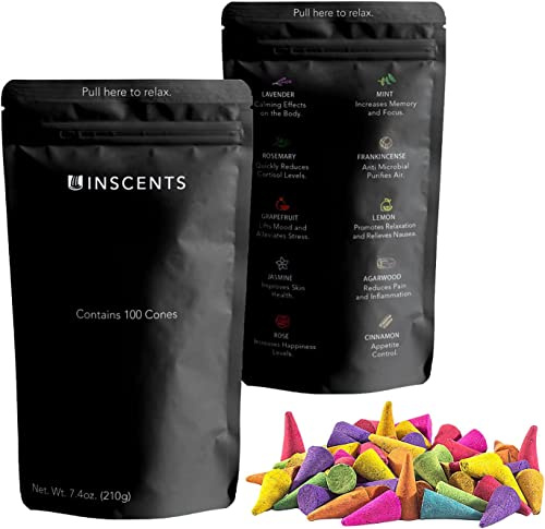 Inscents Waterfall® Essential Relaxing Backflow Incense Cones-100% Natural Scents-100 Pack -Enhance Meditation and Mindfulness | Includes Rose, Lavender, Mint, Lemongrass and More
