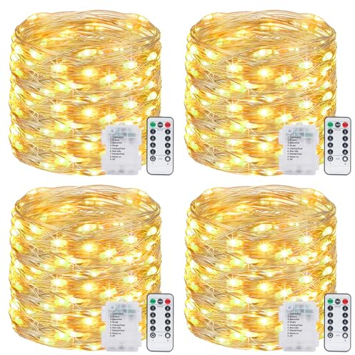 Kolpop 4 Stück Lichterkette Batterie, 12M 120 LED Lichterkette mit Batterie 8 Modi Lichterkette Draht mit Fernbedienung und Timer Wasserdicht Lichterkette für Außen Innen Weihnachtsbaum Deko, Warmweiß