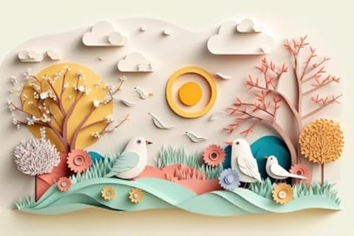 Acryl-Bild 110 x 70 cm: Naturpflanzen und Vögel der Frühlingssaison auf weißem Hintergrund in Pastellfarben und Papierhandwerksstil. (200532518)