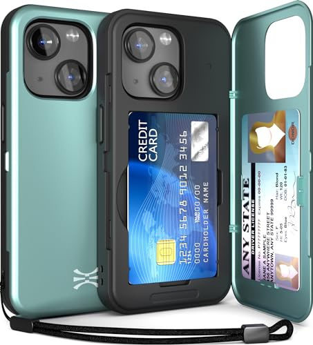 TORU for iPhone 15 Wallet Case with Card Holder, Hidden ID Credit Card Slot Flip Kickstand, Slim Fit Shockproof Heavy Duty Phone Cover with Strap - Green
