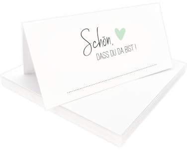 Tischkarten Schön, dass du da bist weiß mit Herz | Farbe wählbar | 25, 50, 100 Stück | selbst beschriften | Namensschilder, Platzkarten | für Hochzeit, Geburtstag uvm (Grün, 25)