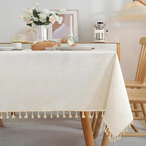 JIALE Textured Tablecloths, Heavy Duty Cotton Linen Farmhouse Table Cloth Rectangle Table, Waterproof Wrinkle-Free Rectangle Tablecloth for Kitchen, Dining, Parties, 55x75, Ivory