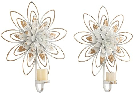 SOFE Vintage White Gold Candle Sconces Wall Decor Set of 2, Metal Flowers Wall Mount Candle Holders for Small Pillar Candles, Rustic Candle Sconces, Shabby Chic Hanging Wall Decor for Living Room