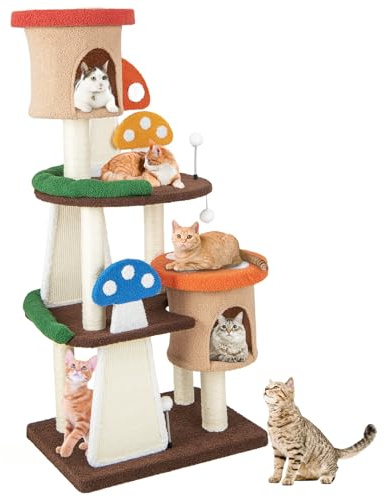 GYMAX Pilz Modell Kratzbaum, Kletterbaum mit Sisalstämmen, Katzenkratzbaum mit Kratzbrettern & Federball, Katzenbaum mit Höhle/Plattformen, für Wohnzimmer & Schlafzimmer(3 Plattformen)