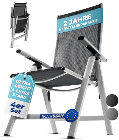 gardisun Hochlehner Gartenstuhl klappbar aus Aluminium, 4er Set, Silber | 2-Fach pulverbeschichtet, wetterfest, leicht, 5-Fach verstellbar, Made in EU