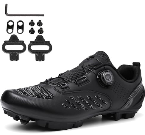 NGARY MTB Schuhe Herren Fahrradschuhe Mountainbike Schuhe Kompatibel Mit SPD 2 Schrauben Mit Cleats Atmungsaktive Radsportschuhe Draussen,Schwarz,45 EU