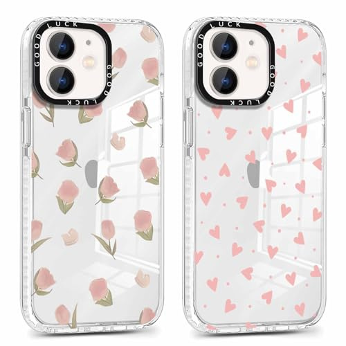 Xylota 2 Stück Transparent Handyhülle für iPhone 12/iPhone 12 Pro 6,1 Hülle, Durchsichtig Case Muster Aesthetic Blumen Herz Mädchen Schutzhülle, Weich Silikon TPU Stoßfeste Cover für iPhone 12,1-6