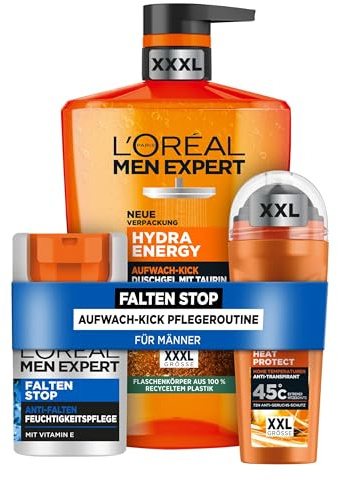 'L'Oréal Men Expert Pflegeset gegen Falten für Männer, Mit XXXL Duschgel, XXL Deoroller und Gesichtscreme, Set für Herren mit Taurin, Keramik und Vitamin E, Hydra Energy, Falten Stop, 3-teilig