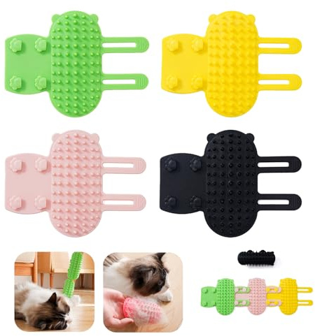 KASESSS 4 Stück Katzenbürste Selbstpflegende, Silikon Haustier Kitzeln Artefakt, Massage Ecke katzen Bürste mit Riemen, Katzen Ecke Fellpflege Bürste, 2-in-1 Massage Juckreiz Katzen Haarbürste