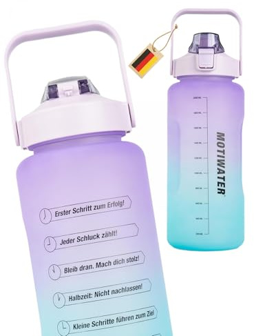 MOTIWATER Trinkflasche 2L, deutsch, Motivation, Spühlmaschinen geeignet, Wasserflasche Auslaufsicher, BPA Frei, Sportflasche mit Zeitmarkierung (Lila/Blau (schwarze Schrift))