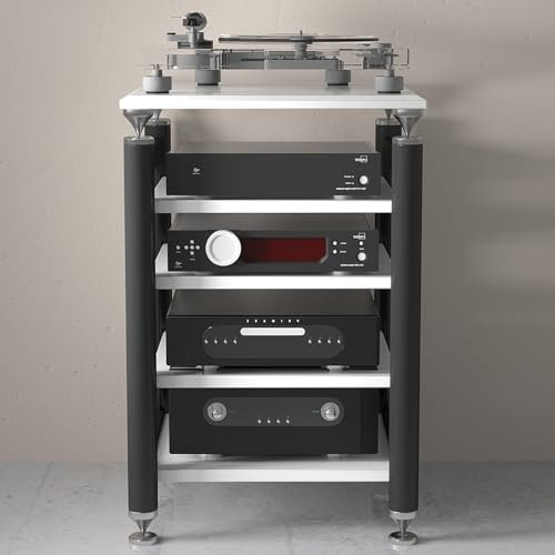 TV Rack HiFi Regal Audio Schrank,Multifunktionales Ablageregal,Vinyl Plattenspieler Stand,Offene Ablagen,mit Aufbewahrung,Platzsparend,für Wohnzimmer,Schlafzimmer,Büro,Wohnheim.(White black,62x57x100c