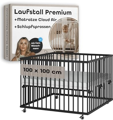 Sämann Laufstall Baby mit Matratze Cloud Air und Schlupfsprossen | TÜV geprüft | stufenlos höhenverstellbar | Laufgitter Premium | Babybett aus Holz | Krabbelgitter (schwarz, 100x100 cm)
