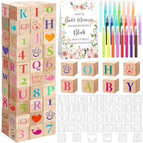Wonderjune 147 Pcs Baby Shower Blocks Games Sets, 80 DIY Blank Wooden Block 42 Stencils 24 Watercolor Marker 1 Decorate a Block Game Sign for Gender Reveal Baby Shower Party Supplies(Flower)
