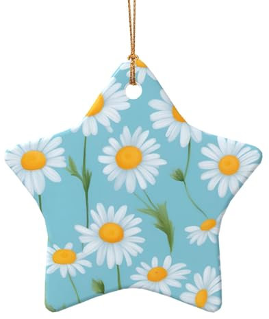 Weiße Chrysantheme auf hellblauem Hintergrund, exquisiter runder Keramik-Anhänger für Taschen, festliche Baumschmuck, Autodekoration