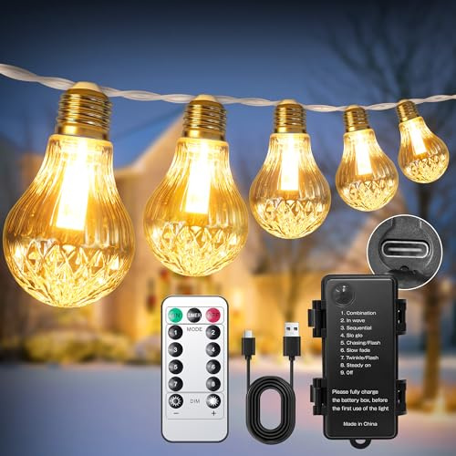 aurogeek Outdoor Battery String Lights with Remote 5000mAh 9m/30ft Rechargeable Large LED Festoon for Garden Patio Pergola 12 A60 Shatterproof Bulbs, 2700K, IP64, 8 Modes