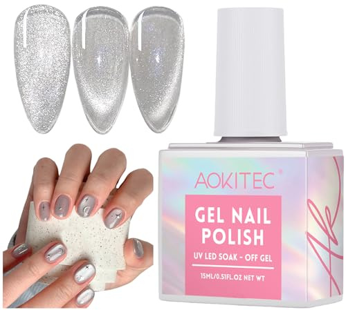 Aokitec Cat Eye Gel Nagellack: 15 ml Magnet Gel-Lack mit Magnet, abtropfbarem Holographischem U V LED-Nagellampen Halo Lack, silbernem Glitzer Nagellack, Maniküre Salon DIY