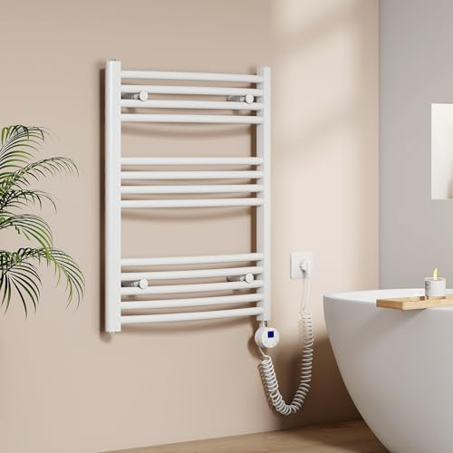 EMKE Scaldasalviette Elettrico per Bagno 75 x 60 cm, Bianco, 300 Watt | Radiatore Curvato con WIFI Termostato, Scaldasalviette Elettrico, Supporto Porta-Asciugamani