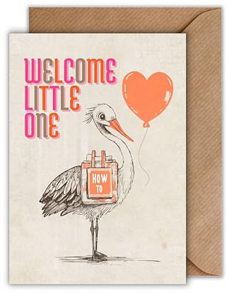 Baby Geburt Glückwunsch Karte mit Umschlag - Welcome little one Geschenkkarte Storch neon Illustration Schwangerschaft Grußkarte Babyparty Mutter (DIN A6)