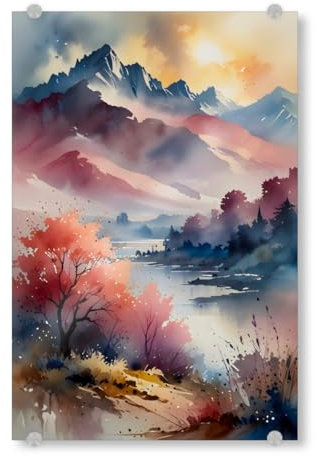 artboxONE Acrylglasbild 30x20 cm Natur Pastellgipfel und ruhiges Wasser - Bild aquarell Berge beruhigend