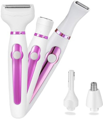 Recortadora para línea del biquini, Bikini y Cuerpo Completo, Cara y Cejas, 5in1 Rasuradora Mujer Zona Íntima Resistente al Agua, Con 4 Cabezales para precisión, para Axilas, Piernas y Bikini