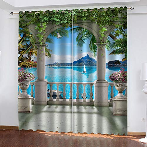 100% Blickdichter Vorhang Mit Ösen 3D Römische Säule Balkon Mit Meerblick Wohnzimmer Gardinen 264x240Cm 2 Stück Muster Verdunkelungsvorhang Farben Kinderzimmer Fensterdekoration Thermovorhang Schla