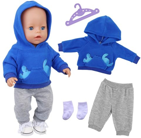4 Stück Süßes Puppenkleidung für 14-18 Zoll Baby Puppen, 35-45cm BabyPuppenkleidung Outfits Blauer Welpenhoodie Hose Socken Kleiderbügel, 43cm Neue Puppenkleidung Zubehör Geschenke für Kinder