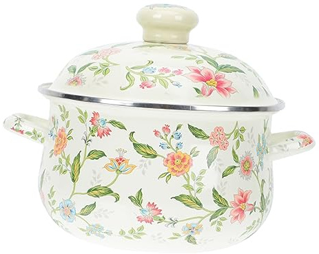 Gatuida Vintage Enamel Soup Pot with Lid Cooking Pot for Healthy Meals for Household Use and Induction Cookers High-Temperature Resistant Double-Handle Design Easy to Clean and Store