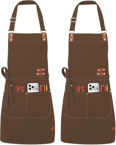 Meng Jiaran 2 Packs Canvas Aprons, Chef Apron for Men Women with Pockets, Adjustable Heavy Duty Waterproof Apron, for Cooking, Baking, Garden, Artist Painting, Brown