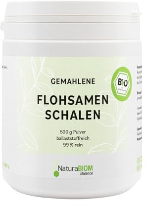 NaturaBIOM Cáscaras de semillas de psyllium orgánicas en polvo, 500 g, molidas – 99% de pureza, 90% de fibra, vegano, sin gluten, sin aditivos, probado en laboratorio, ideal para nutrición consciente