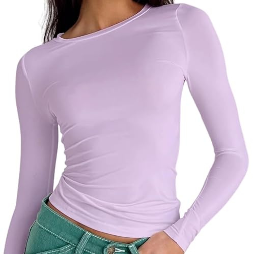 OYIGELZ Damen Langarmshirt Basic t Casual Rundhals Tee Shirt Eng Crop Tops Tiktok tees Streetwear(Hell Lila-T1,L)